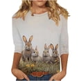 thumbnail image 2 of Easter Apparel for Women Realistic Bunny Rabbit Painting Graphic Print Crewneck Three Quarter Sleeve Soft Fabric Casual Festive Holiday T-Shirt, 2 of 5
