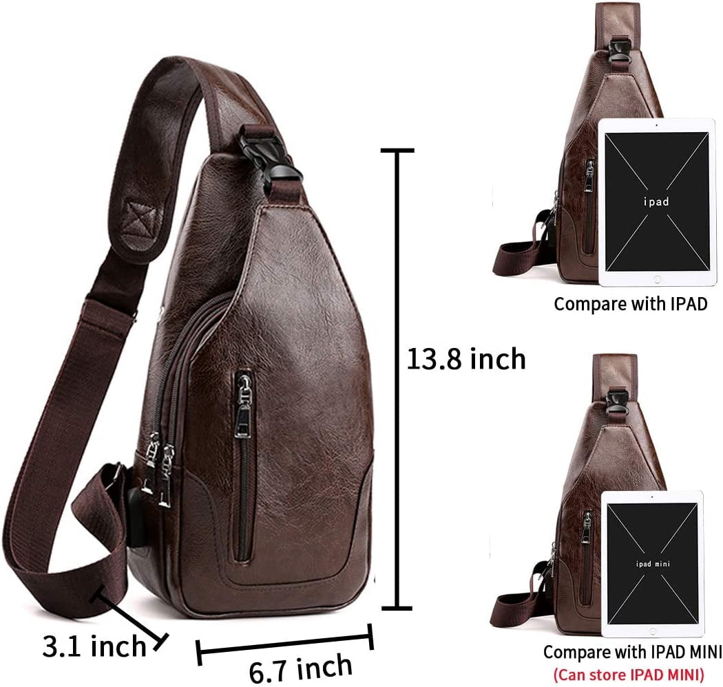 Men Sling Bag Anti Theft Shoulder Bag Small Leather Crossbody Sling Backpack with USB Charge Port