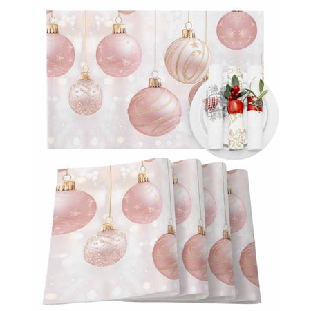 Christmas Placemats Set of 6 Christmas Balls Place Mats Pink Placemat Table Decoration for Kitchen Table Dinner Xmas Holiday Party Home Decor Indoor Outdoor 13x19 Inch