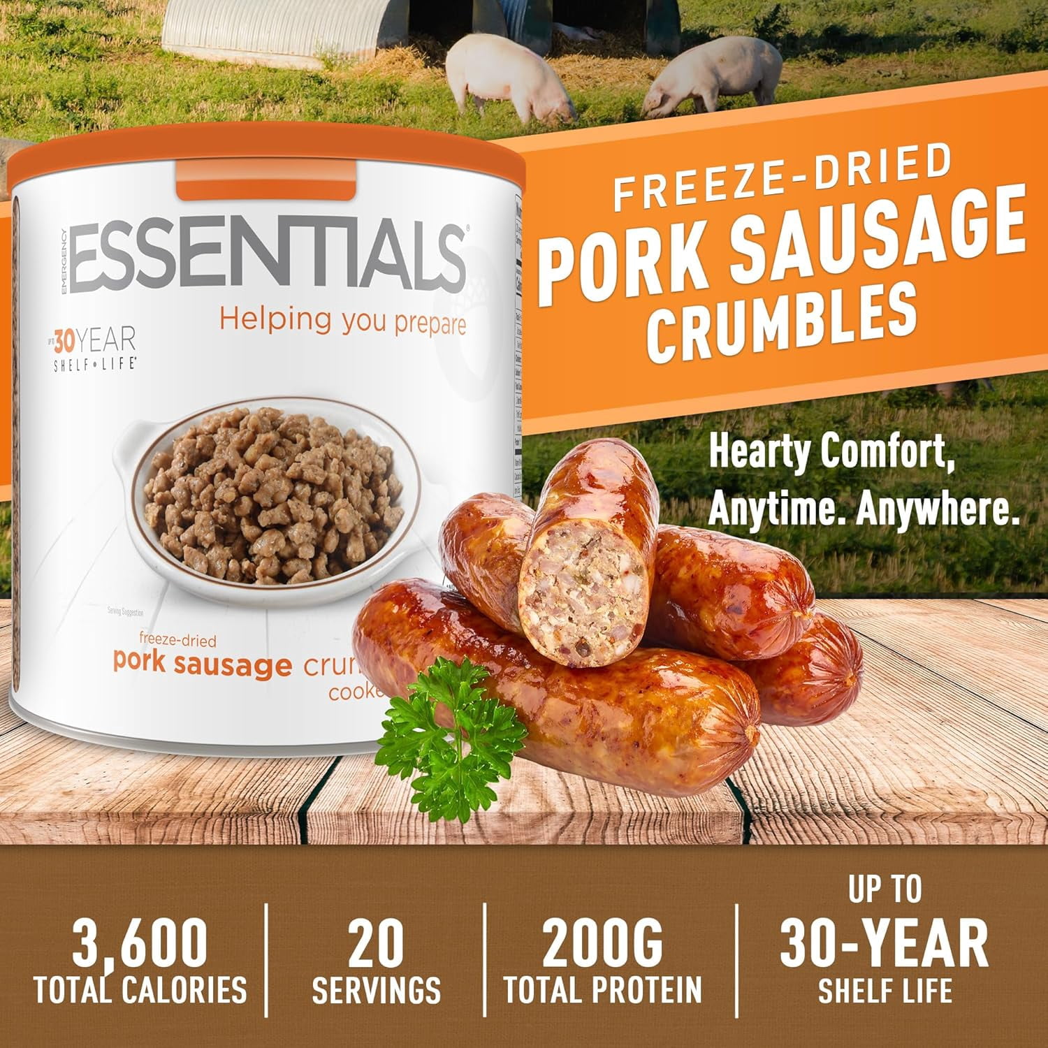 Emergency Essentials Fully Cooked Freeze Dried Pork Sausage Crumbles | 20 Servings | Shelf Stable Protein | 30 Year Shelf Life* | Ready To Use Premium Pork Topping for Breakfast and Every Day Meals