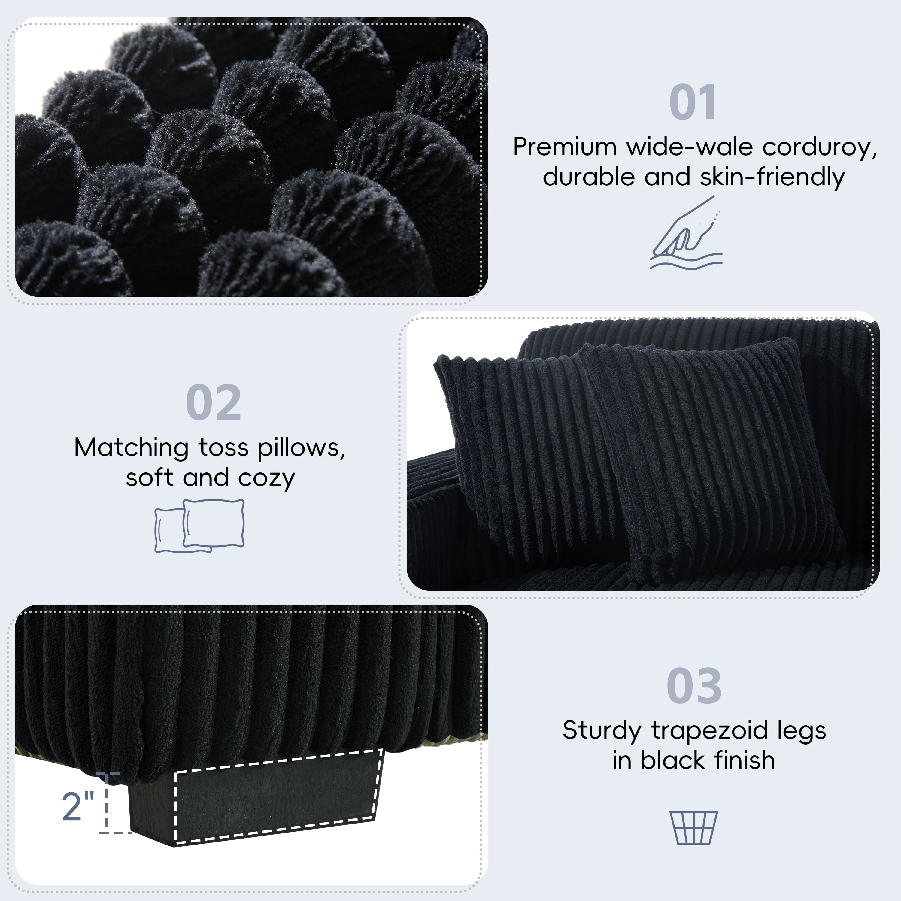 GARITIN L Shaped Sectional Sofa 86.5 Inch, Corduroy Upholstered Couch with Cup Holders and Charging Ports for Living Room, Black