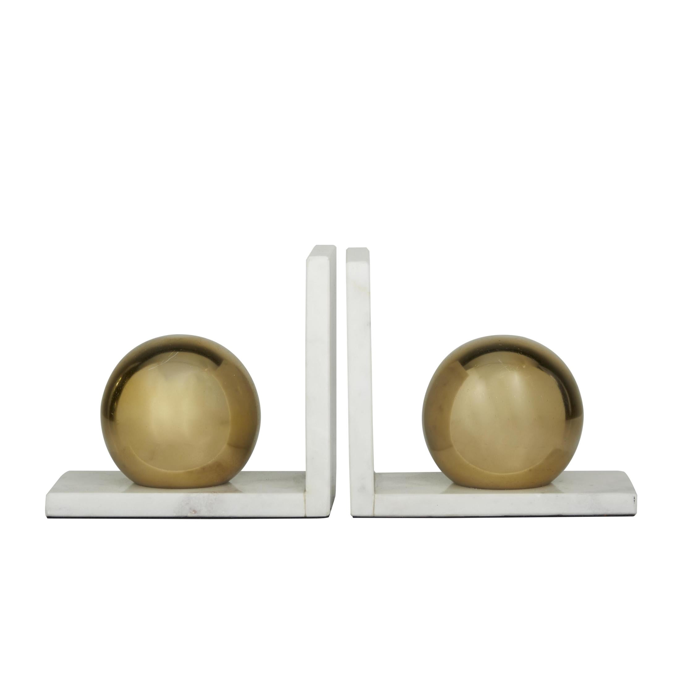 Cosmoliving by Cosmopolitan Marble Modern Decorative Bookends with Metallic Gold Balls 7"W x 6"H, Gold Finish with White Marble Stands