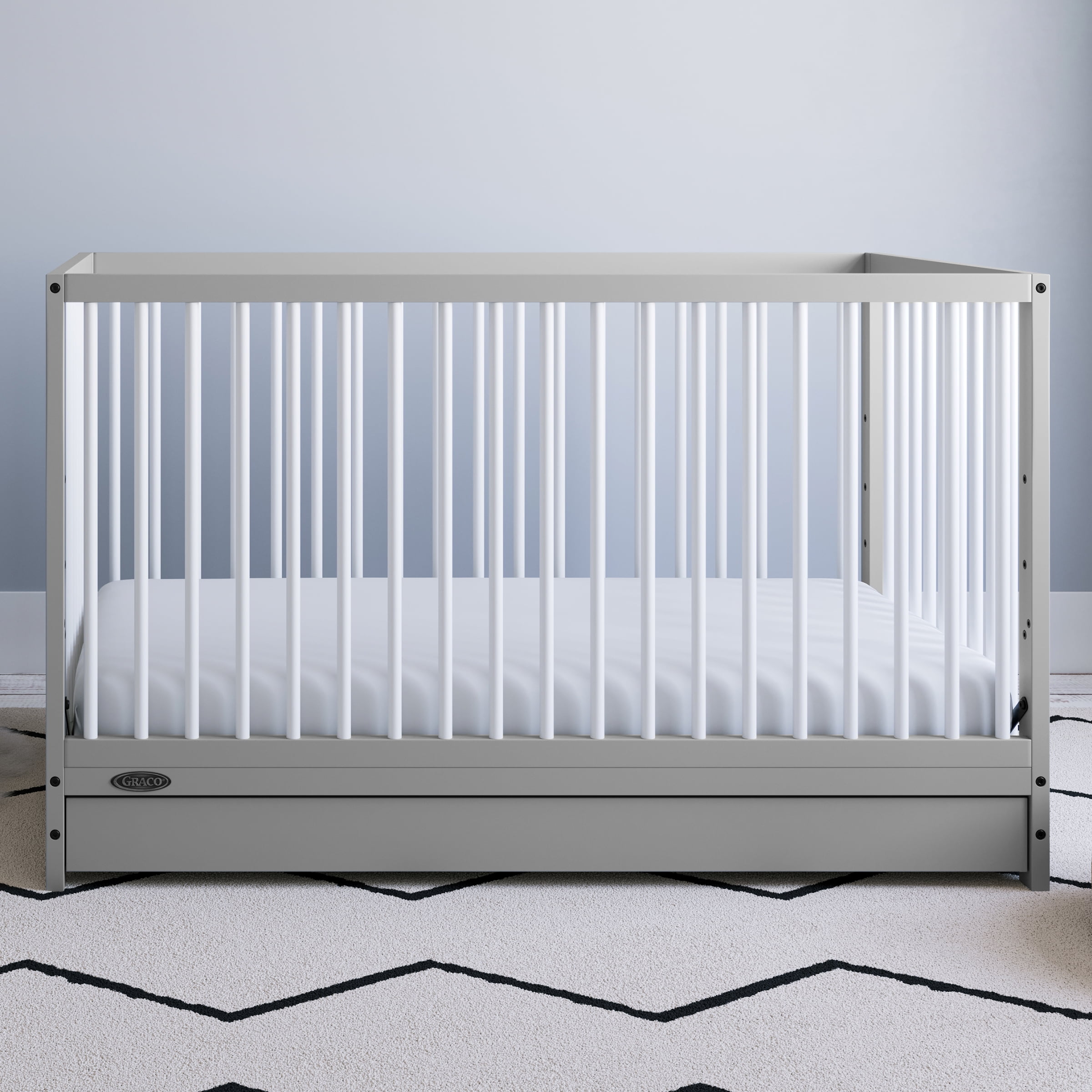Graco Teddi 5-in-1 Convertible Crib with Drawer and Premium Crib & Toddler Mattress Bundle, Pebble Gray with White