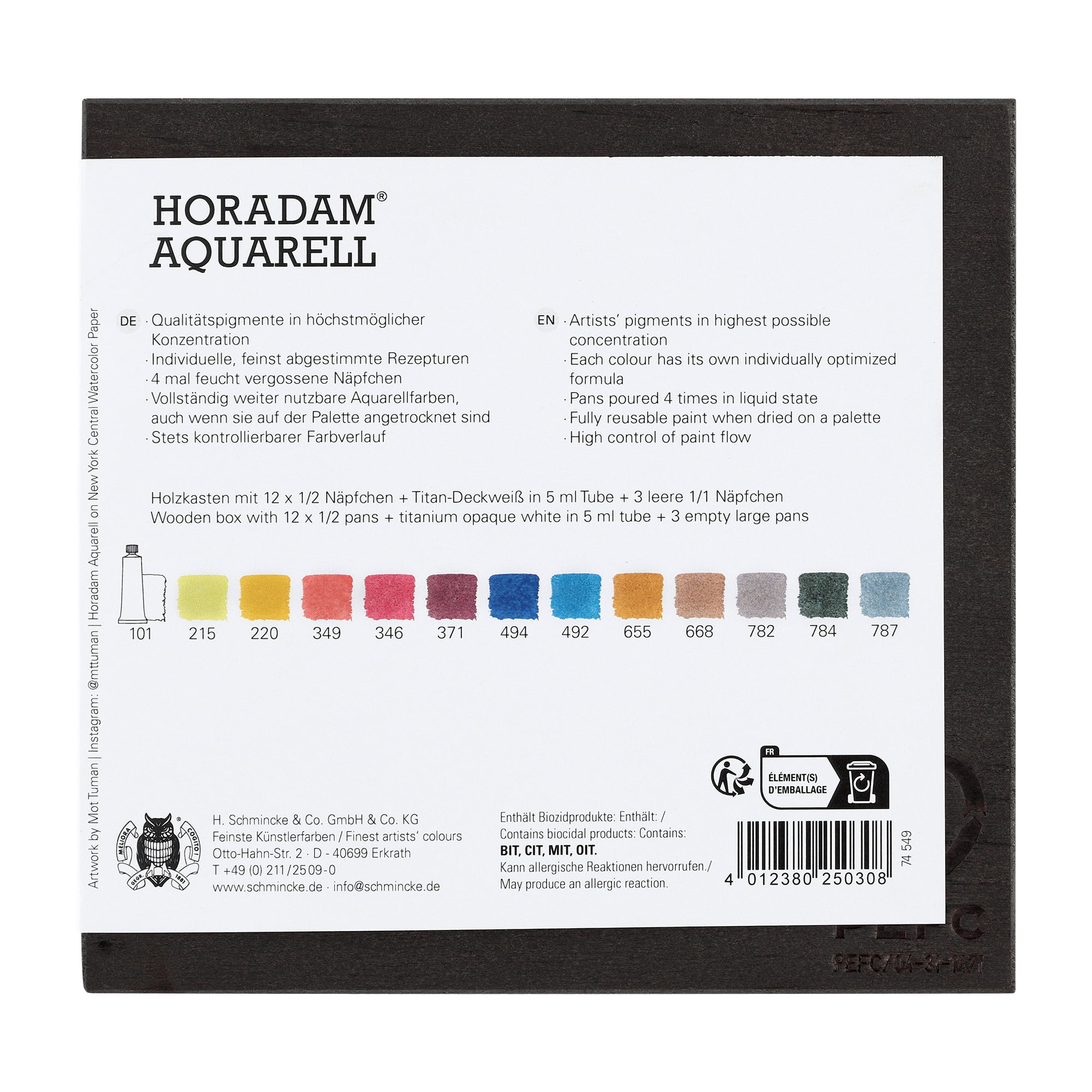 Schmincke Horadam Watercolor Set - Exclusive Limited Edition Wooden Box -12 Half Pans, 5ml Titanium White, 3 Empty Pans, Made in Germany for professionals, artists, painters