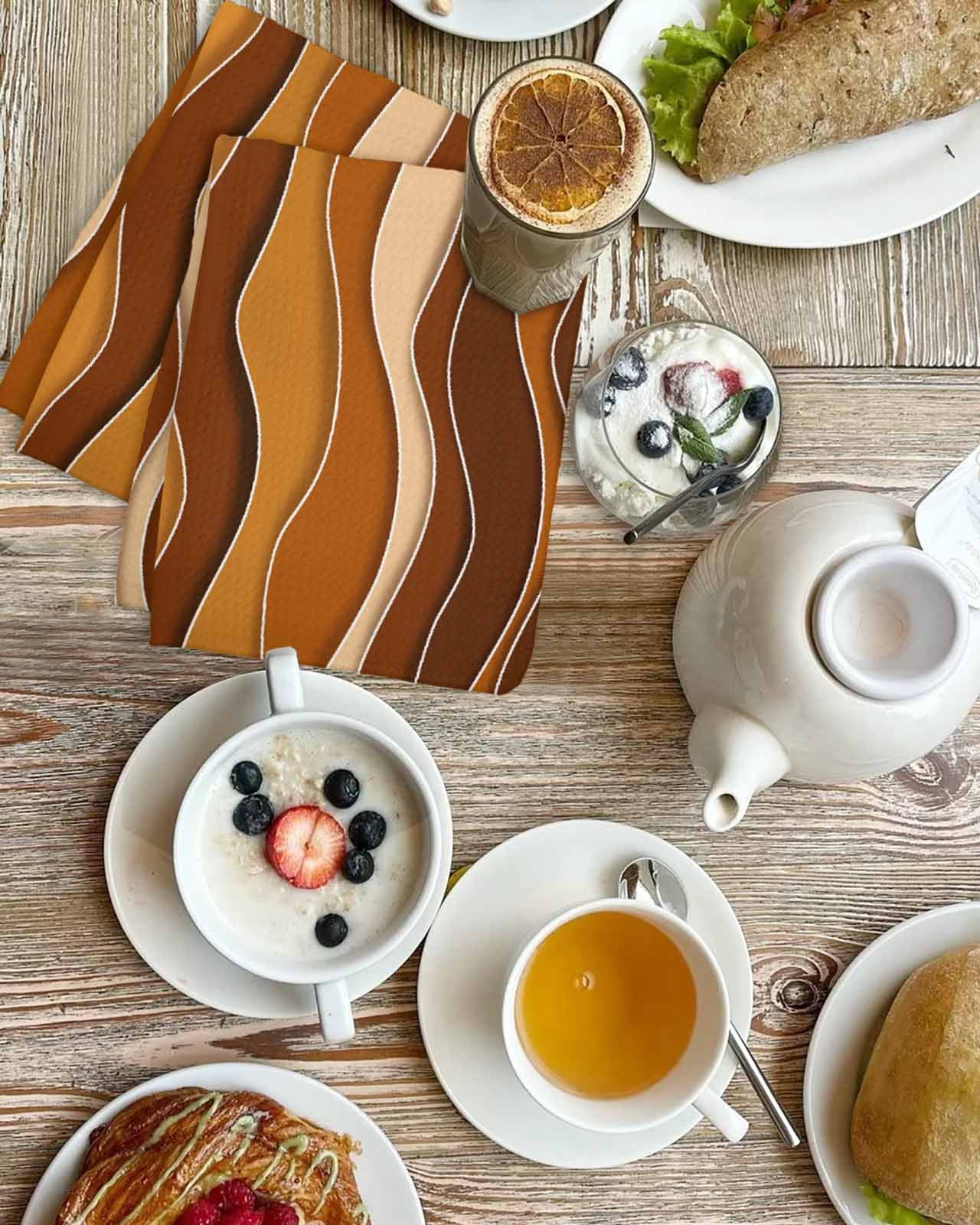 Burnt Orange Ombre Kitchen Dish Towels for Drying Dishes Set of 4, Abstract Art Moire Ocean Waves Waffle Weave Microfiber Terry Hand Tea Bathroom Towels Quick Dry & Absorbent Towel 15.7x23.6