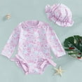 thumbnail image 2 of WUANDIXFA Baby Girl Swimsuit Long Sleeve Ruffled Shell Zip Up Swimwears Toddler Kids Infant Bathing Suit One Piece with Hat Purple,3-6 Months, 2 of 6
