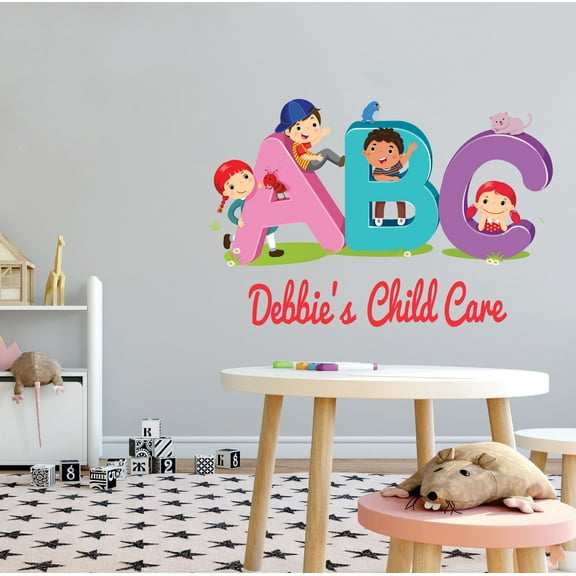 KIDS DAYCARE - Multicolored Child Care Vinyl Art Decoration A B C Alphabet Animals Design Personalized Name Kids Nursery Kindergarten Wall Decal Sticker 10" x 7"