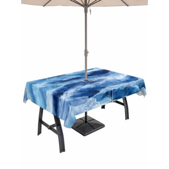 Outdoor Tablecloth with Umbrella Hole & Zipper, Blue Coastal Rectangle Tablecloth 54x80 Inch, Modern Abstract Beach Waves Ocean Patio Table Cover Waterproof Table Cloth for Picnic/Party