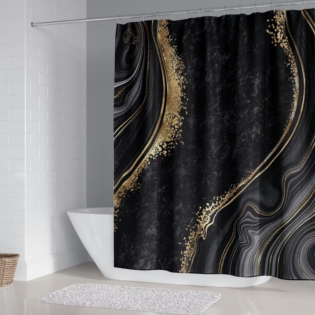 4Pcs Luxury Marble Shower Curtain Sets, Bathroom Set with Shower Curtain,Toilet Lid Rug, Contour Mat and Bath Mat, Shower Curtain with 12 Hooks for Bathroom Sets Decor 72 x 72 Inch, Black