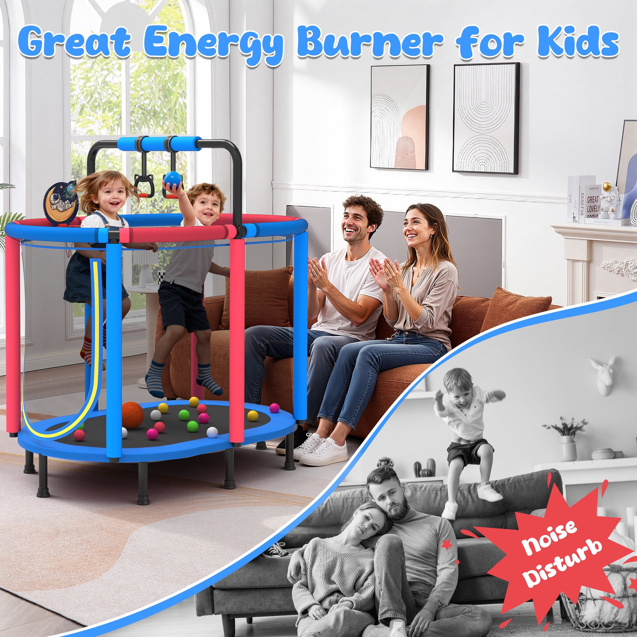 60" Trampoline for Kids with Basketball Hoop, SHINPT Recreational Trampolines with Safety Enclosure Net, Mini Outdoor Trampoline with Adjustable Gymnastics Bar, Easy Assembly, Outdoor, Indoor