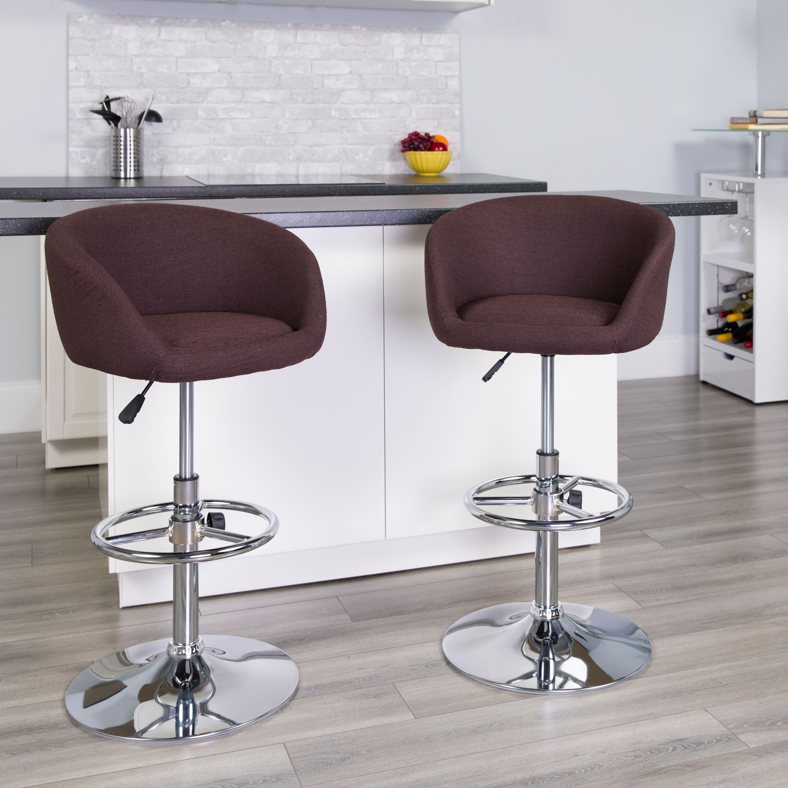 Flash Furniture Contemporary Brown Fabric Adjustable Height Barstool with Barrel Back and Chrome