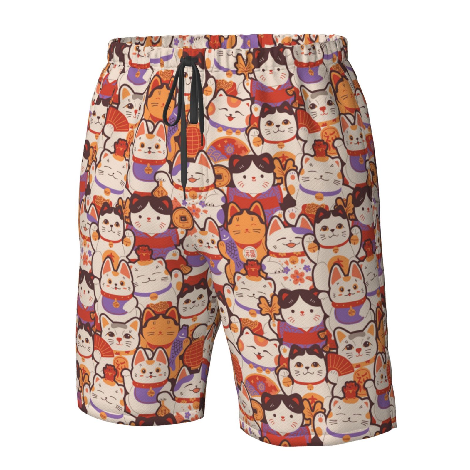 Naloa Maneki-Neko Cats Men's Beach Shorts, Surfing shorts, Swim trunks, Quick Dry Swim Trunks for Surfing Beach Fun - Large
