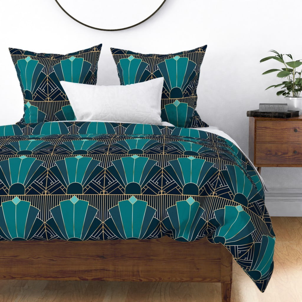 Art Deco 1920 Teal Navy 1920S Geometric Tile Sateen Duvet Cover by