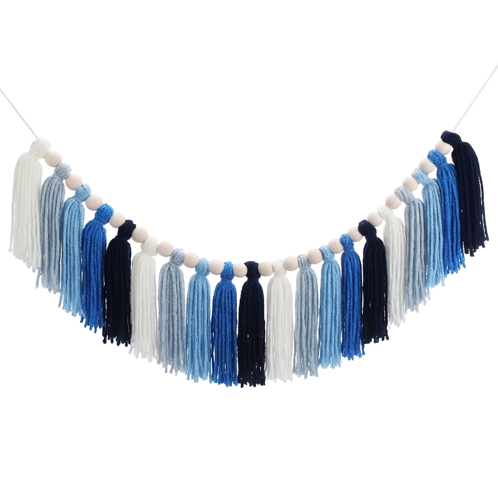Uxcell Yarn Tassel Garland with Wood Beads, 3.7ft Cotton Tassel Banner Handmade Macrame Pastel Garland Wall Hangings for Wedding Christmas Birthday Party Decoration, Blue Tone