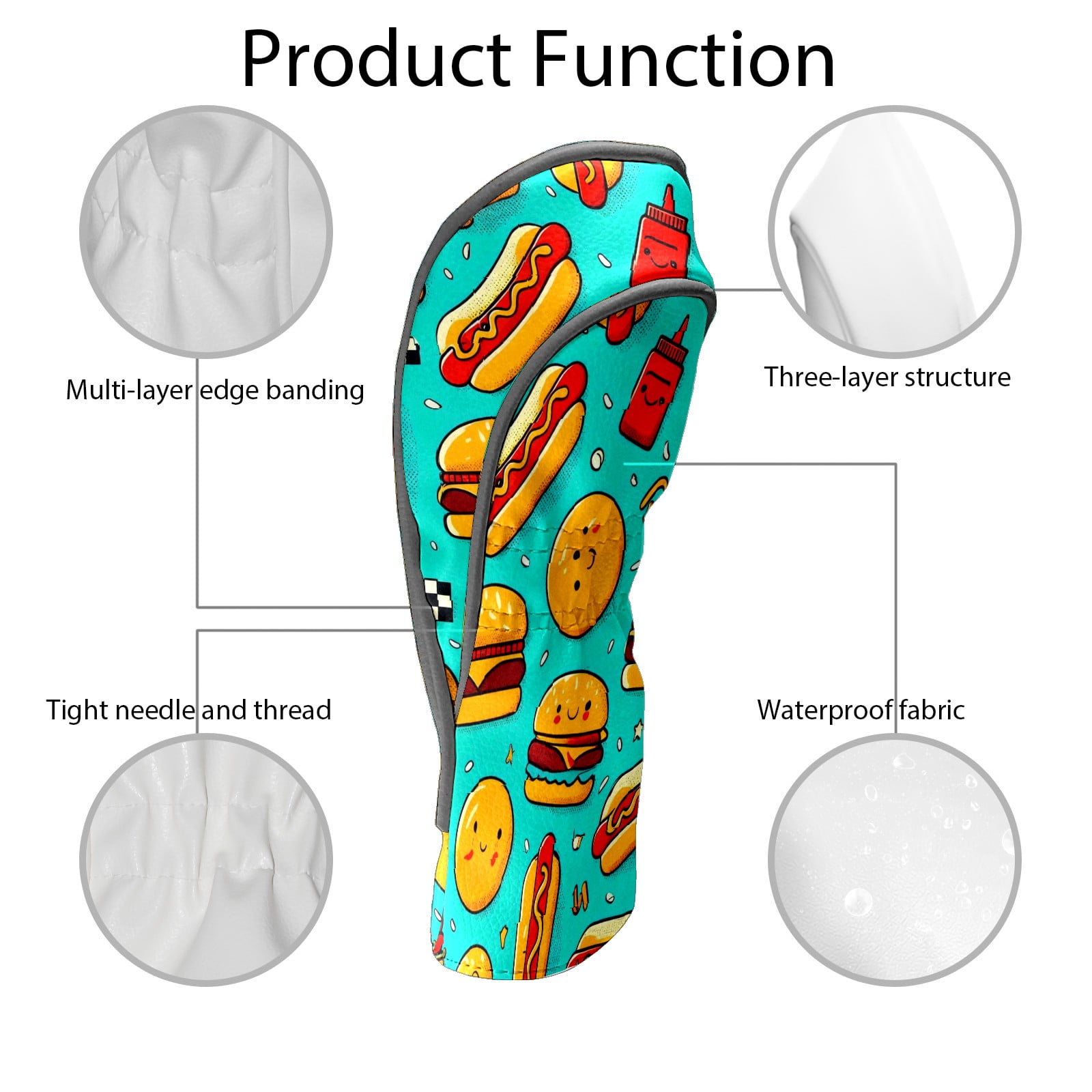 Golf Club Head Covers - Colorful Food Blue Design, Premium PU Leather Driver Hybrid Headcovers with Velvet Lining, Waterproof Golf Gifts for Men Women