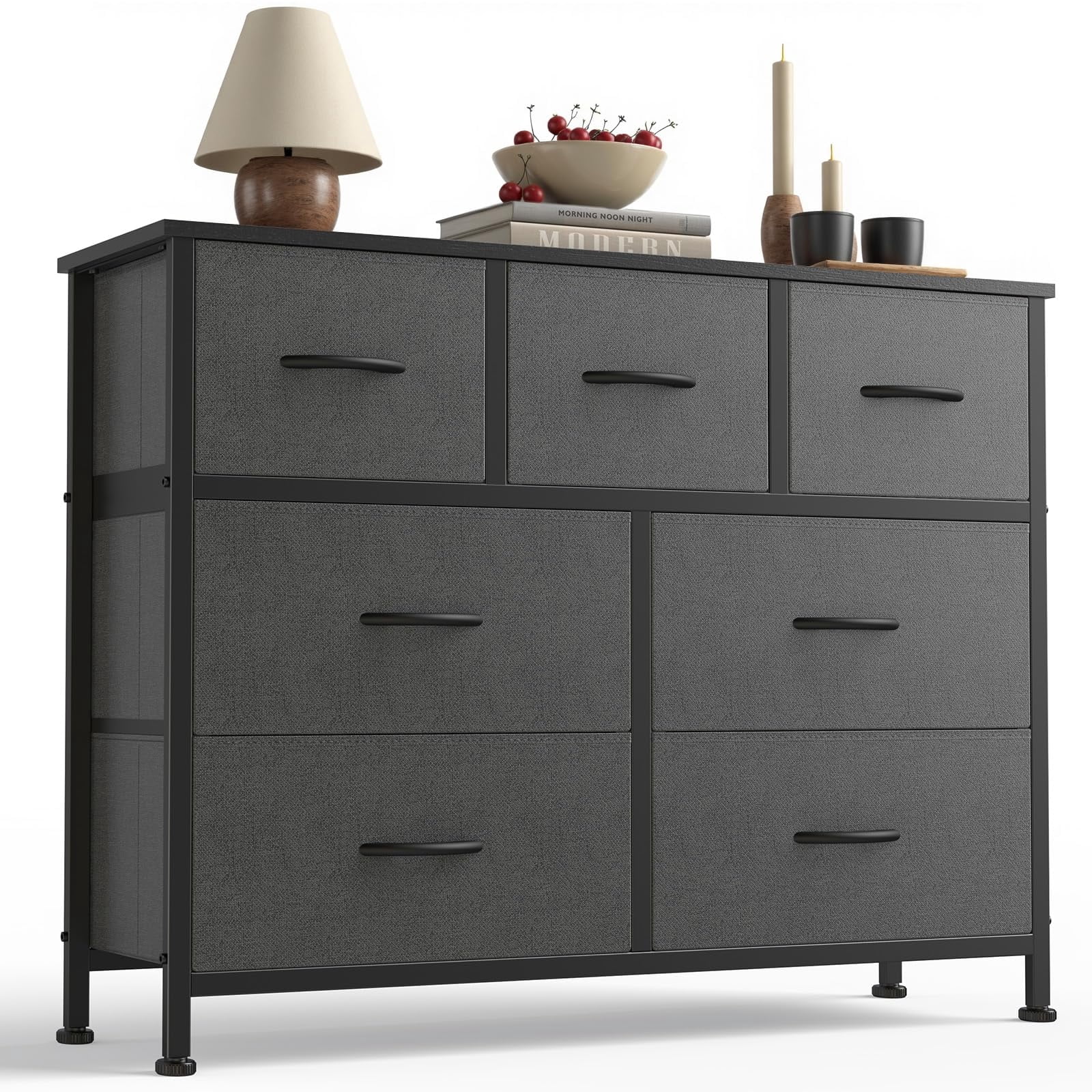 Telyra 7-Drawer Fabric Dresser TV Stand Organizer with Wood Top and Metal Frame Wide Storage Chest, Gray