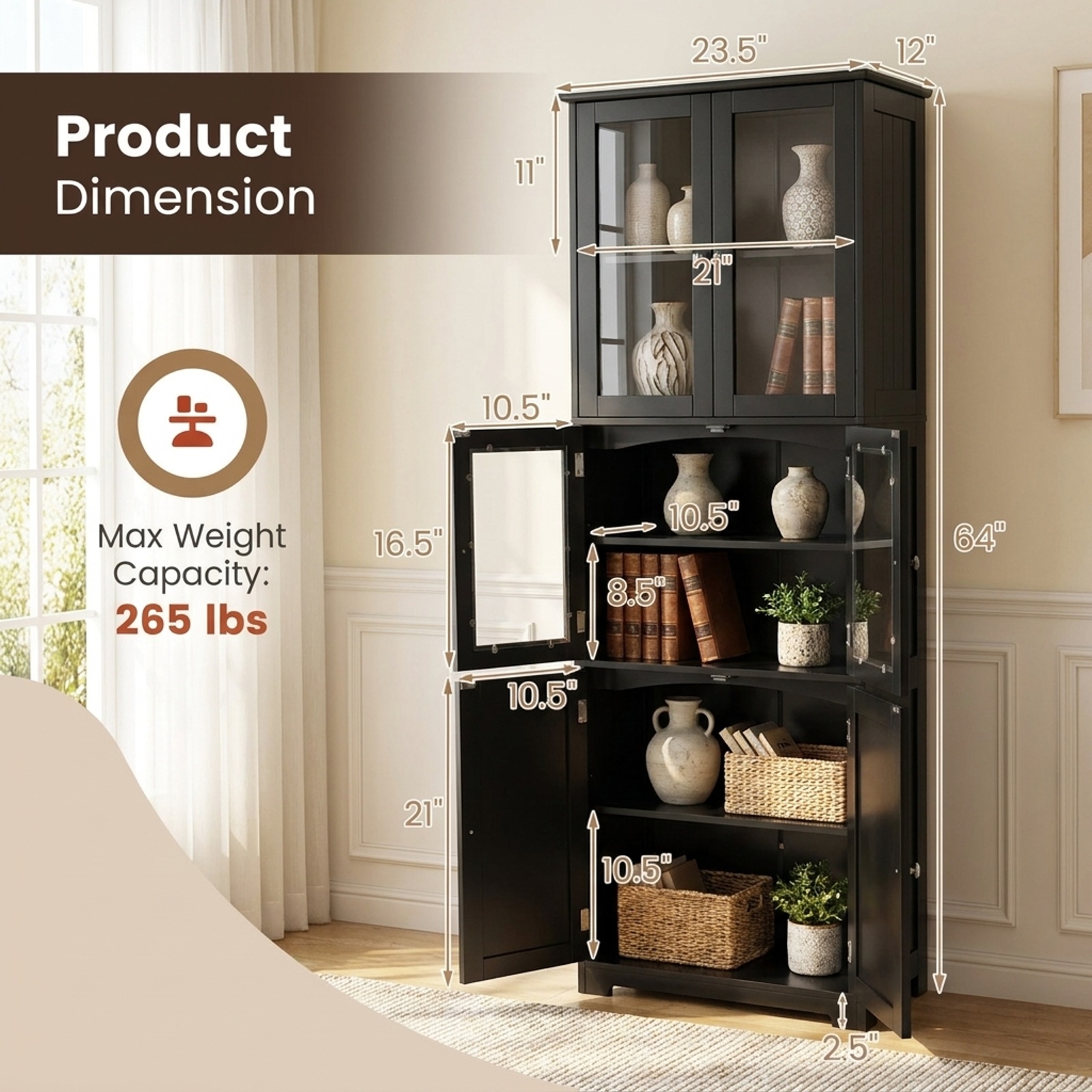 Vebreda Freestanding Bathroom Storage Cabinet, 6-Tier Freestanding Bathroom Cabinet with 2 Open Compartments and Adjustable Shelves