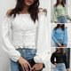 thumbnail image 4 of Camisa de mujer con hombros descubiertos, mangas largas con cordones en la cintura, corsé Eccomum Verde/Pequeña, 4 of 7