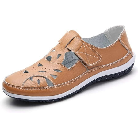 Women s Leather Hollow Sandals Flats Comfortable Casual Summer Walking Driving Shoes Outdoor Sports Sandals