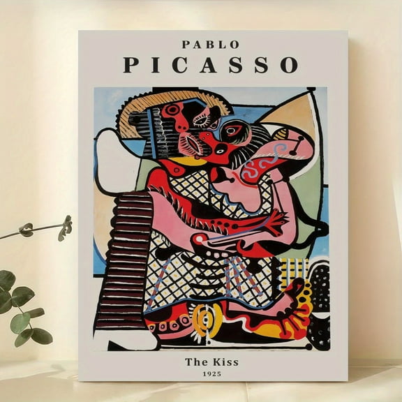 1pc Pablo Picasso "The Kiss" Cubism Art Print - Wood Framed Wrapped Canvas Poster, Ready-to-Hang Abstract Surrealist Wall Decor with Vibrant Colors, Modern Gallery Art for Living Room