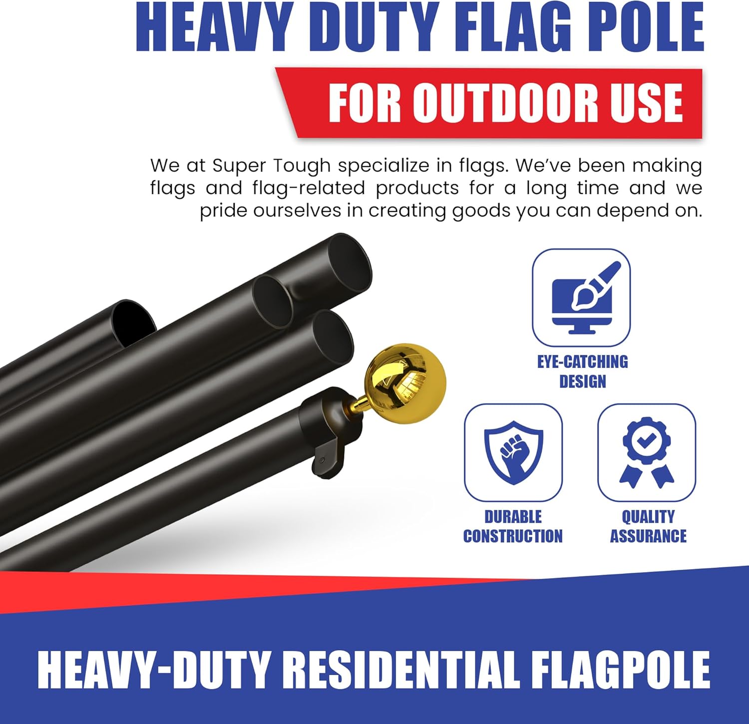 Super Tough USA-Made 25ft Heavy Duty Flag Pole for Outside House - Black Anodized - Residential In-Ground Flagpole - 4-Section High-Grade Aluminum - Includes All Accessories
