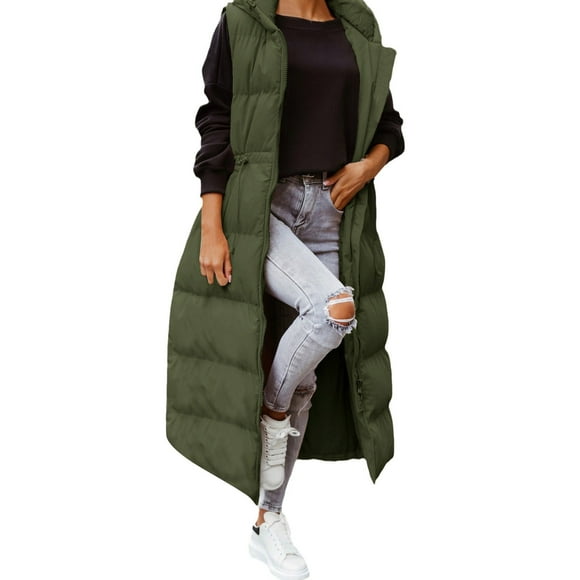 Women's Winter Maxi-Length Hooded Down Vest Full-Zip Sleeveless Puffer Vest Coats Jacket Outerwear with Pockets