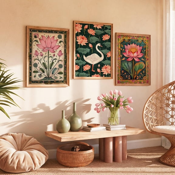 Pichwai Lotus Swan Art Print Indian Botanical Wall Decor Set 3 Unframed Paper Print 8x12