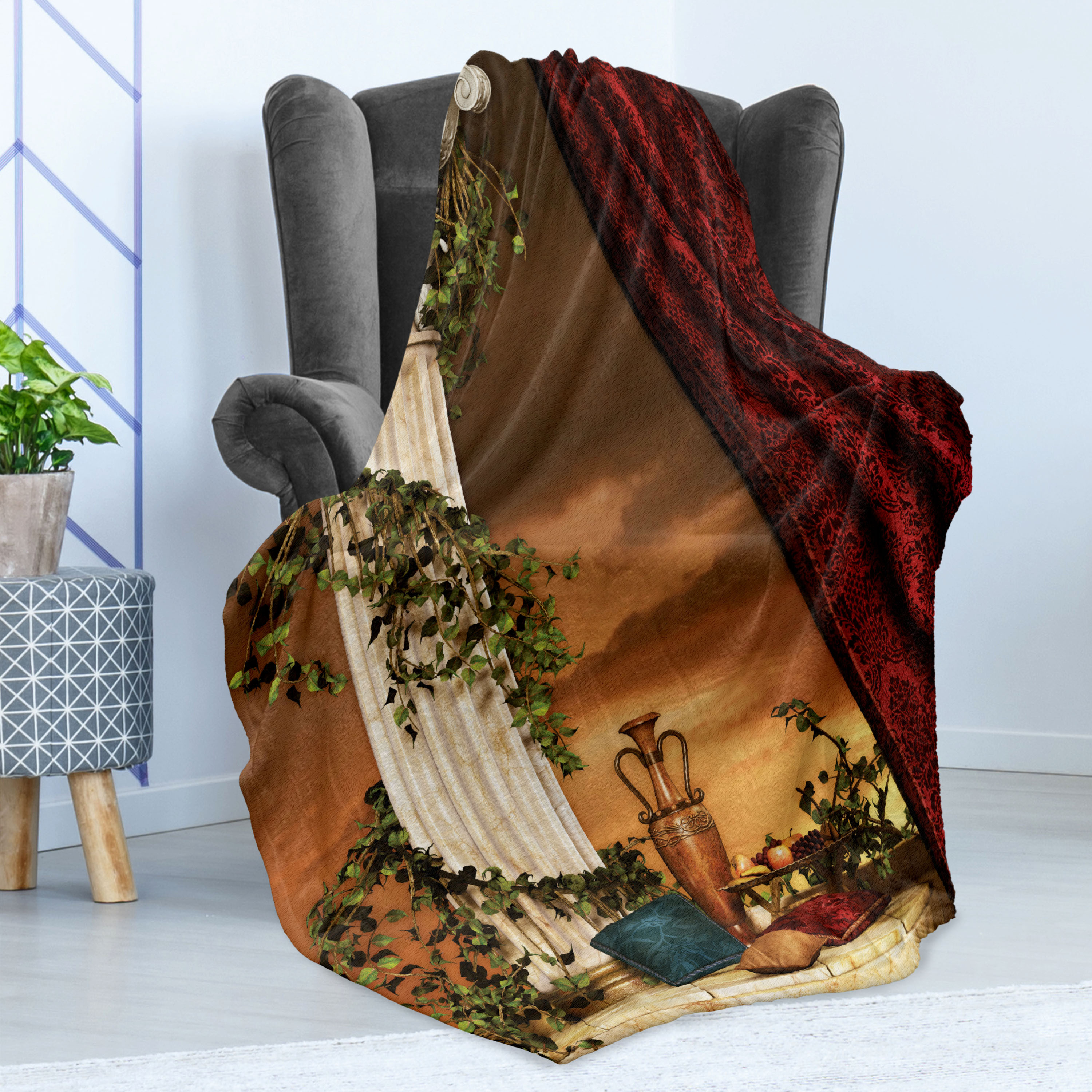 Gothic Soft Flannel Fleece Throw Blanket, Greek Style Scene Climber Pillow Fruits Vine and Red Curtain Sunset, Cozy Plush for Indoor and Outdoor Use, 50" x 60", Multicolor, by Ambesonne - image 4 of 5