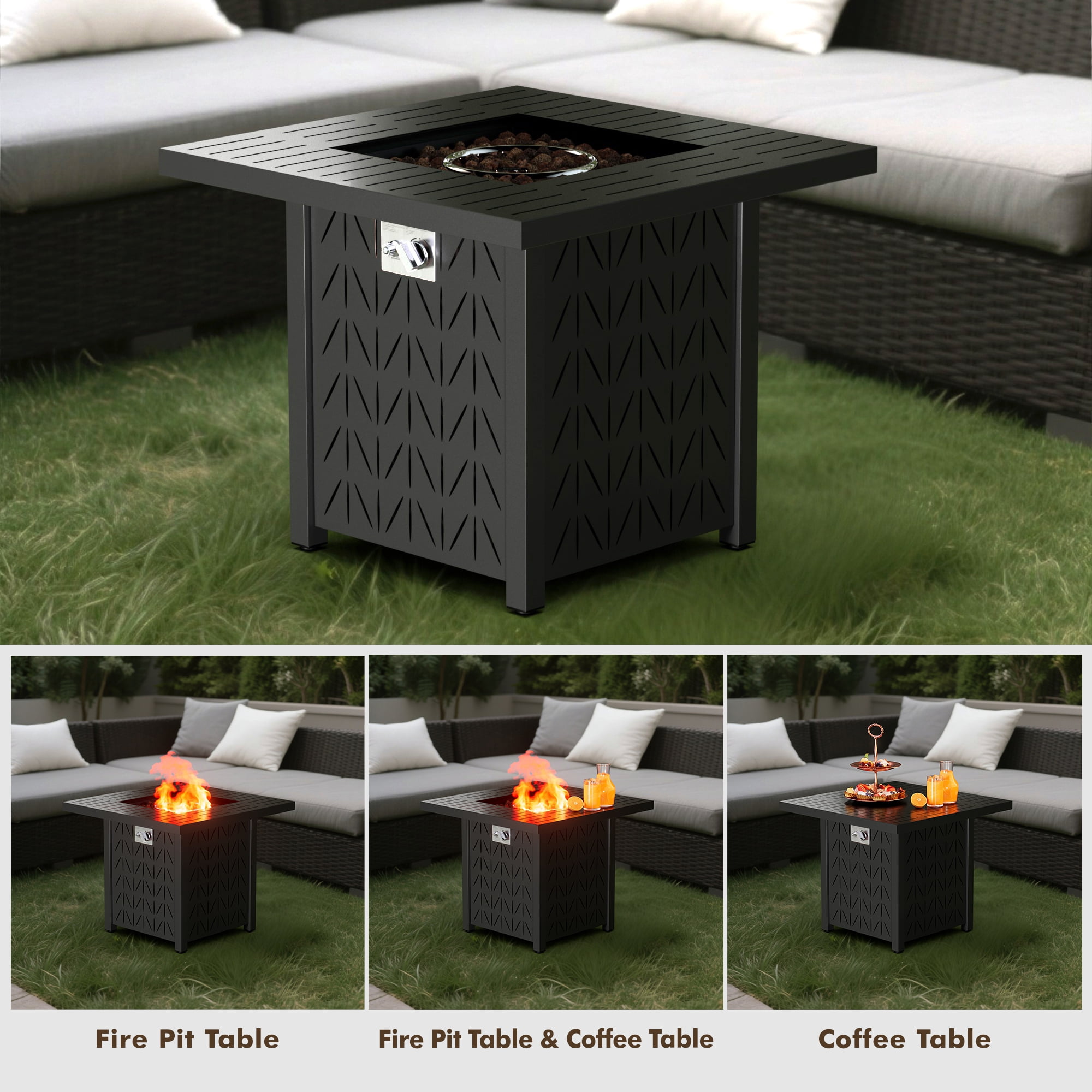 Evita 50000 BTU 30in. Square Propane Fire Pit Table Modern Outdoor Gas Fire Table with Fire Rocks