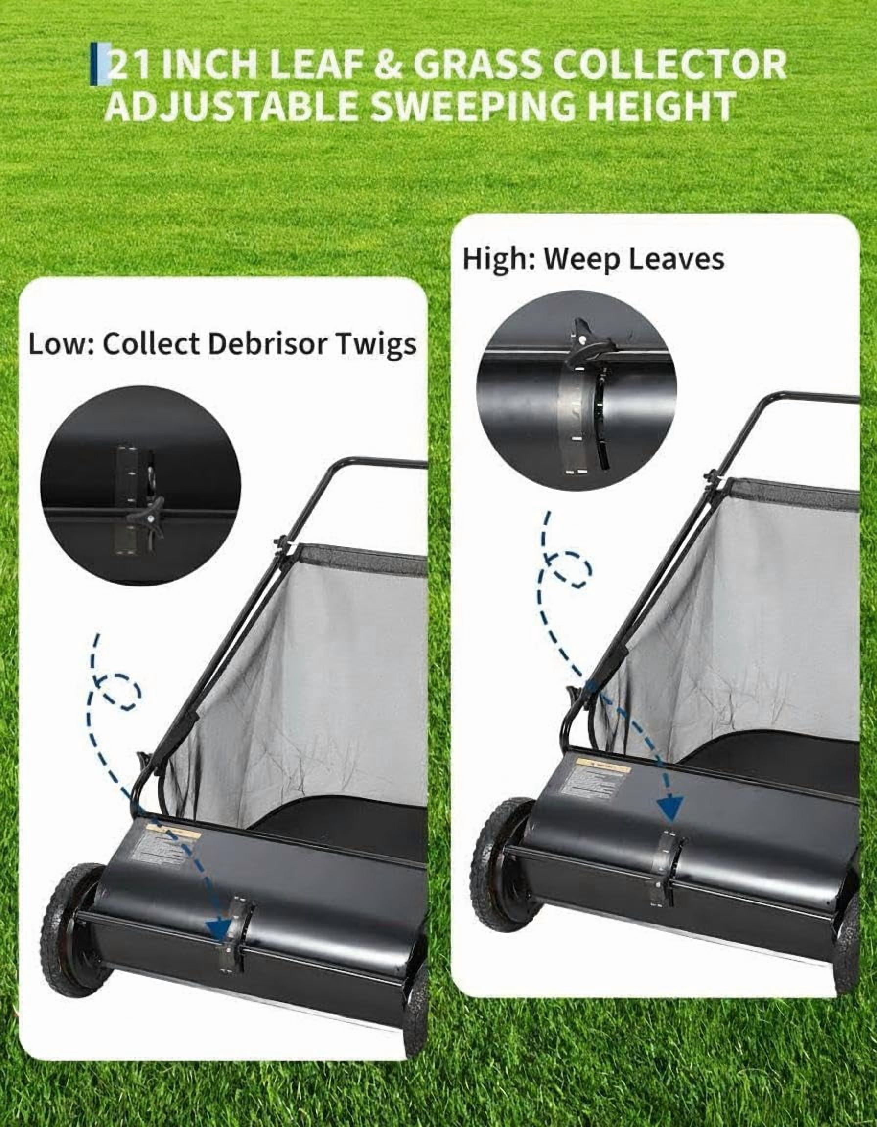 TEQIN Push Lawn Sweeper,21 In Leaf Sweeper With 7 Cu. Ft. Capacity,Adjustable Brush Height & Spinning Brushes, Heavy Duty Yard Sweeper Lawn Sweeper Push For Leaves Grass Cleanup