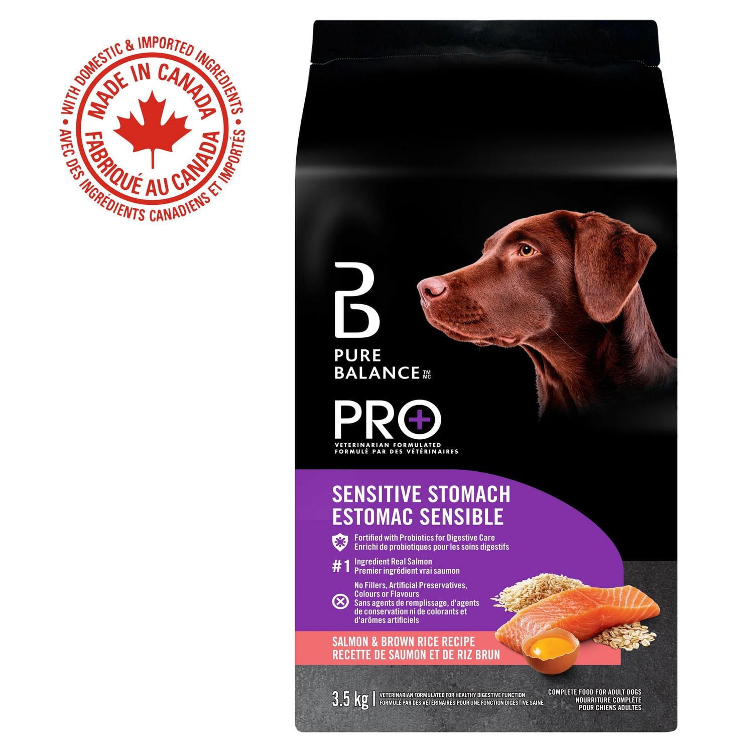 Pure Balance Pro+ Estomac Sensible, Recette Saumon et Riz Brun Nourriture sèche pour Chien 100 g, 3,5 kg, 7 kg