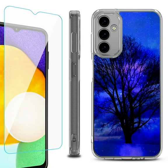 Shockproof Bumper Phone Case for Samsung Galaxy A14 5G, with Tempered Glass Screen Protector, by OneToughShield ® - Night Tree