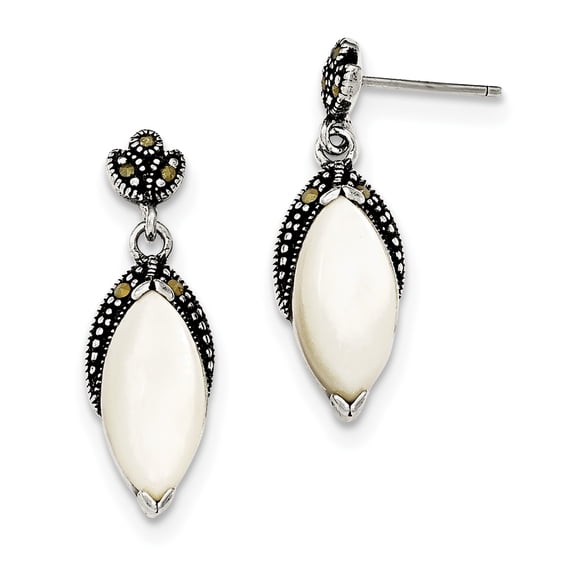 Beautiful Sterling Silver Mother of Pearl and Marcasite Post Dangle Earrings