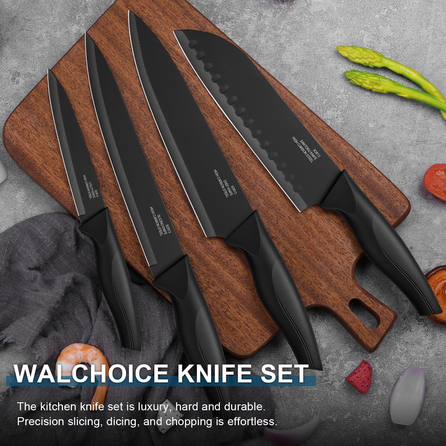 Walchoice 15 Pieces Knife Set with Block, High Carbon Stainless Steel Kitchen Knife Set with Sharpener, Rust Resistant & Dishwasher Safe - Black