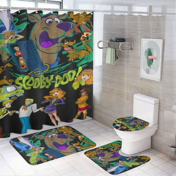 Scooby Doo 4 Piece Shower Curtain Set with Non-Slip Rugs, Toilet Lid Cover and Bath Mat, Cartoon Bathroom Decor Waterproof Shower Curtain with 12 Hooks, 72 x 72inch