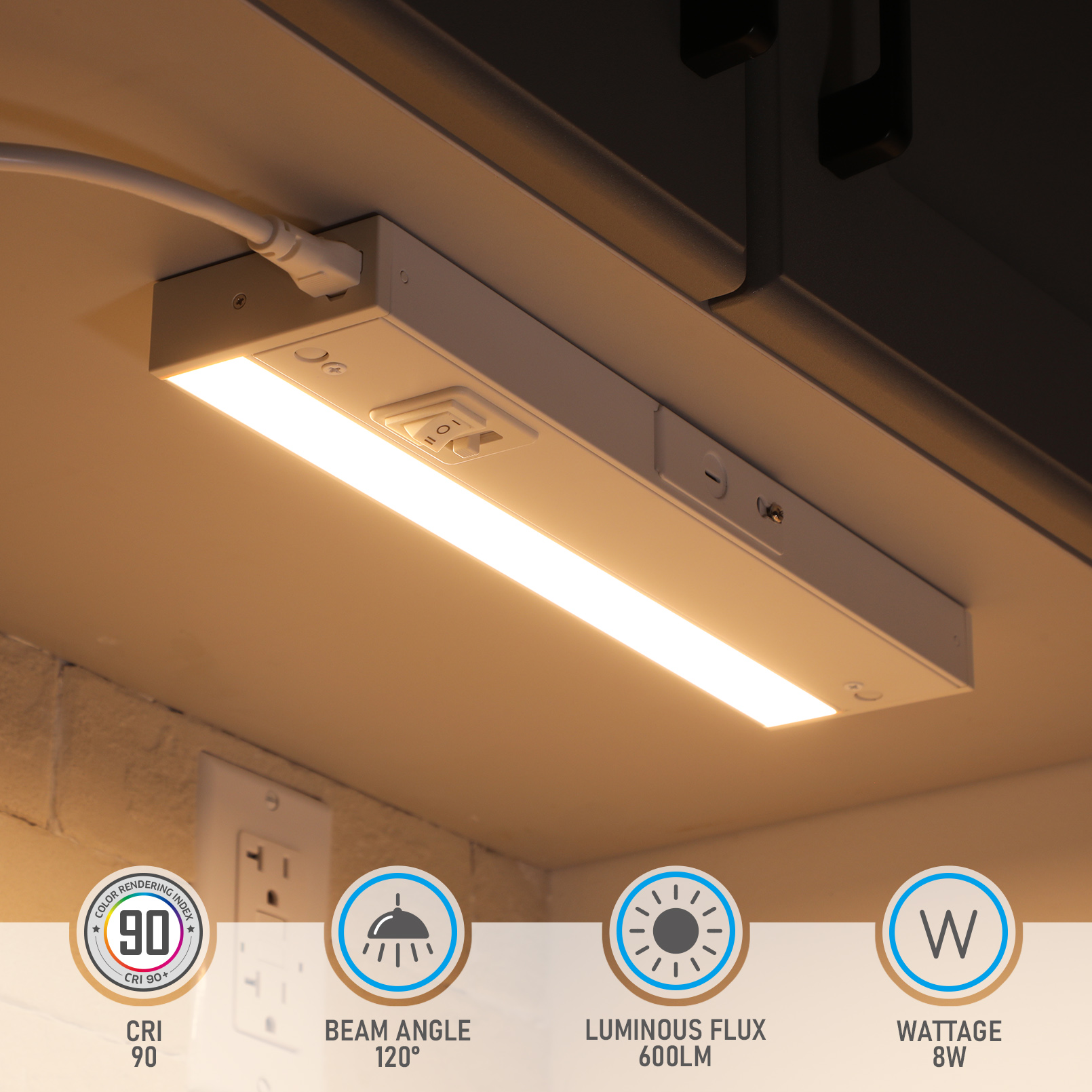 8 Pack LED Under Cabinet Task Lighting 5CCT, 12 Inch 8W 600LM, 120V Hardwired & Plug-in, CRI90 ETL Under Counter Lights, Dimmable & Linkable, 2700K/3000K/3500K/4000K/5000K, White Aluminum Housing