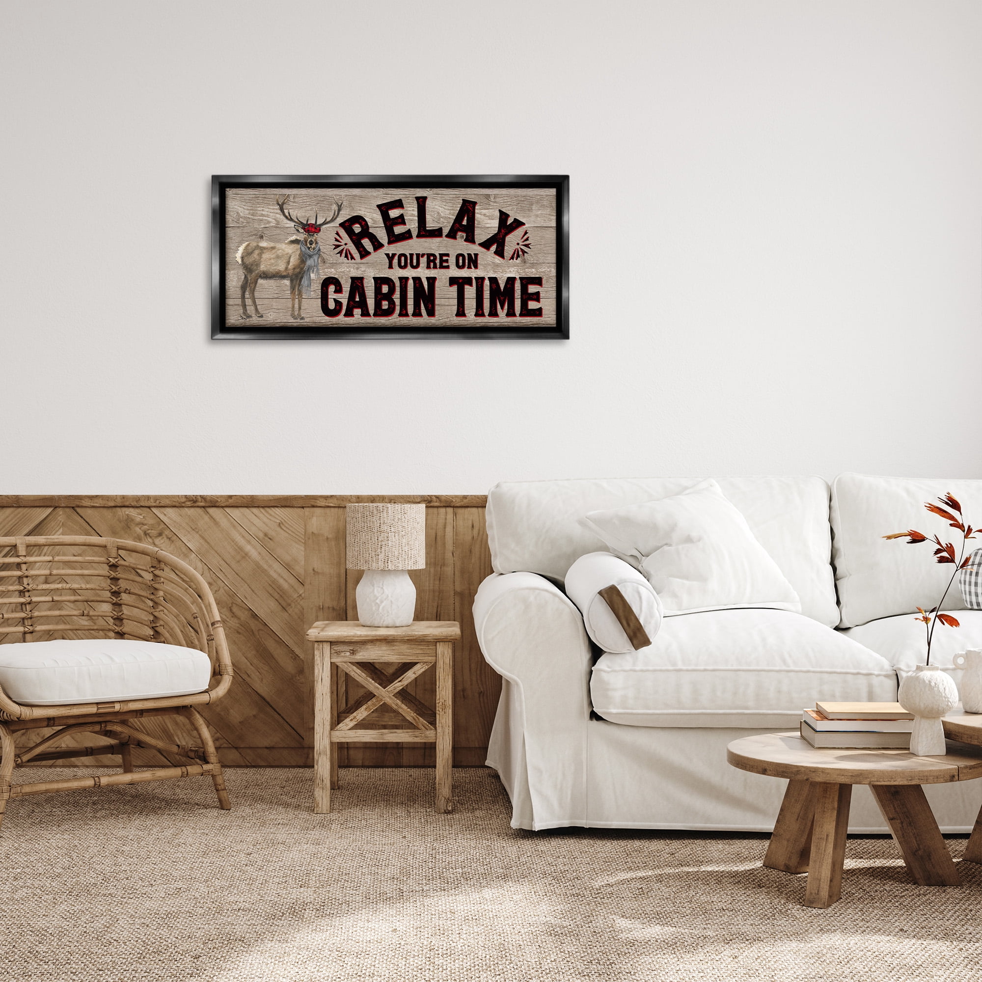 Stupell Industries Cabin Time Phrase with Deer Animals & Insects Painting Black Floater Framed Canvas Art Print Wall Art, 31 x 14