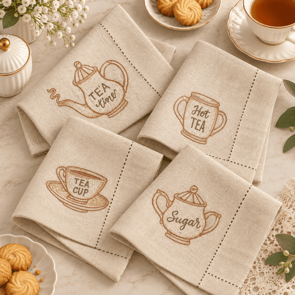 Bedding Craft Linen Blend Dinner Napkins Natural 18 x 18 in Set of 4 with Embroidered Edge