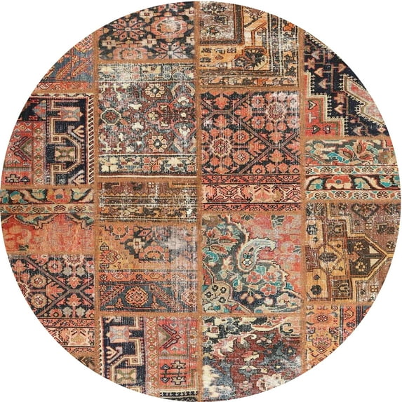 Ahgly Company Indoor Round Contemporary Dark Sienna Brown Patchwork Area Rugs, 3' Round