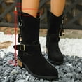 thumbnail image 2 of Suede Riding Boots for Women Round Toe Pull on Wide Calf Cowboy Boots Stacked Heel Mid Calf Booties, 2 of 7