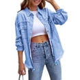 thumbnail image 1 of FOCUSNORM Women's Spring Autumn Denim Coat Lapel Long Sleeve Solid Color Button Up Ripped Jacket, 1 of 7
