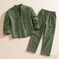 thumbnail image 4 of Migroa Mens 2 Pieces Cotton Linen Set Long Sleeve Shirts Casual Drawstring Yoga Pants Loose Fit Straight Legs Beach Trousers Summer Beach Wedding Outfits Army Green M, 4 of 5