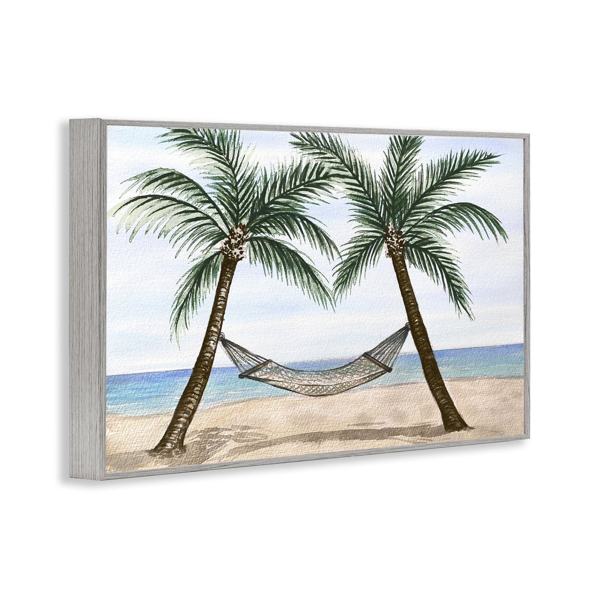 Stupell Industries Hammock Between Palms Landscape Painting Gray Framed Art Print Wall Art, 18 x 12