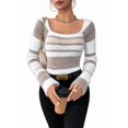 thumbnail image 3 of Women'S Pullover Striped Knit Square Neck Sweater Color Block Long Sleeve Cute Trendy Fuzzy Sweaters Brown XS, 3 of 10