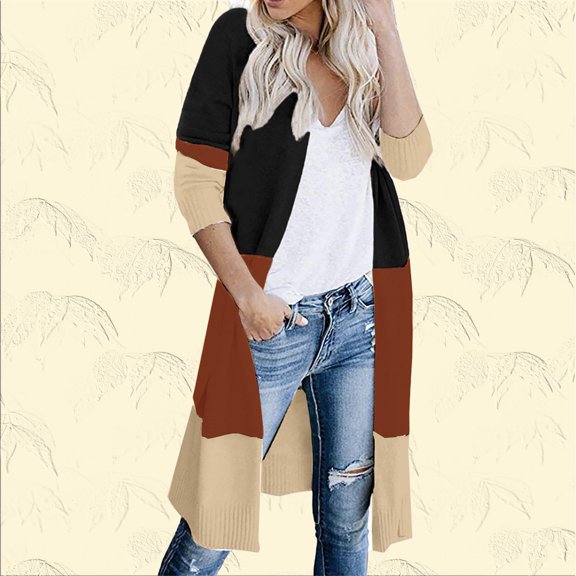 HCYSFG Womens Color Block Cardigan Sweater Open Front 3/4 Sleeve Longline Design Loose Fit Lightweight Everyday Layering Tops