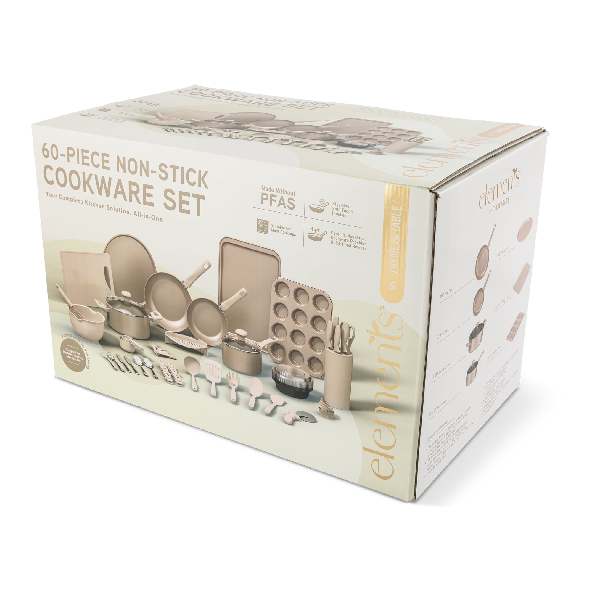 Elements by Thyme & Table 60-Piece Ceramic Non-Stick Cookware Set - Dusty Rose