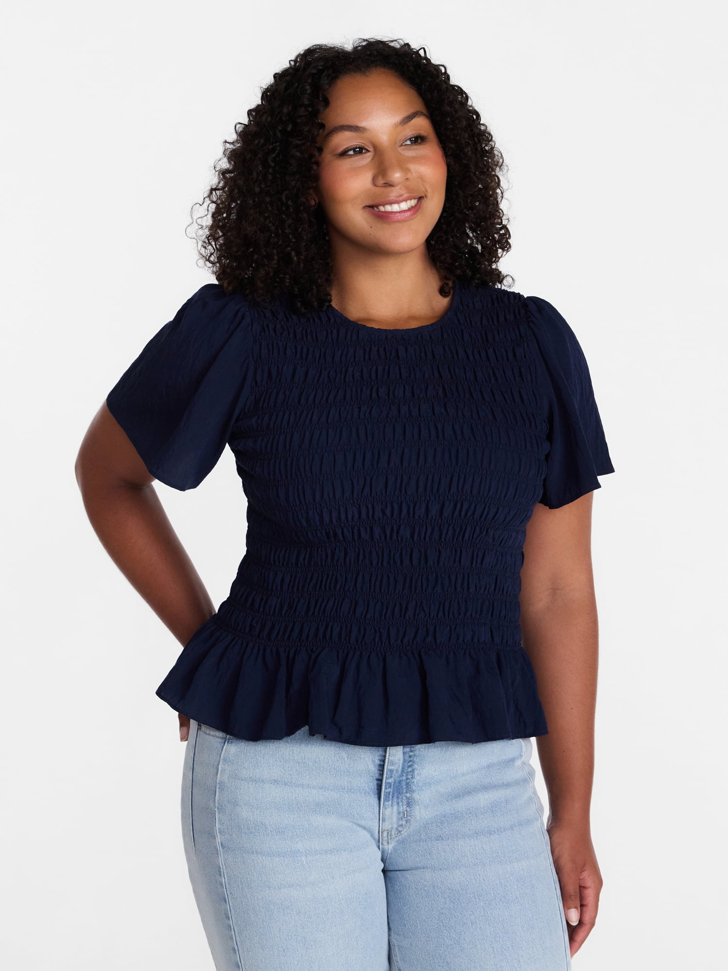 Time and Tru Women's Smocked Top with Peplum Hem, Sizes XS-XXXL