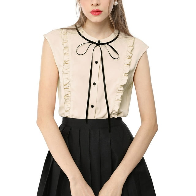INSPIRE CHIC Women's Tie Neck Cap Sleeve Button Down Ruffle Summer Shirt