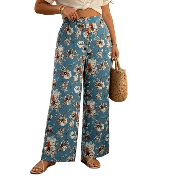 TEAJOPSUU Summer Plus Size Palazzo Pants for Women Baggy Wide Leg High Waisted Pants Floral Printed Stretchy Flowy Trousers with Pockets for Vacation Beach Blue
