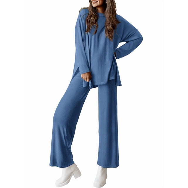 Conjuntos de Dos Piezas para Mujer, Camisetas de Larga A Juego, Pantalones Anchos y Chándales, Ropa de Otoño. Azul L
